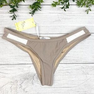 NEW Sun Kitten Ladies Tan and Grey Stripe Polkadot Swim Bikini Bottom XS